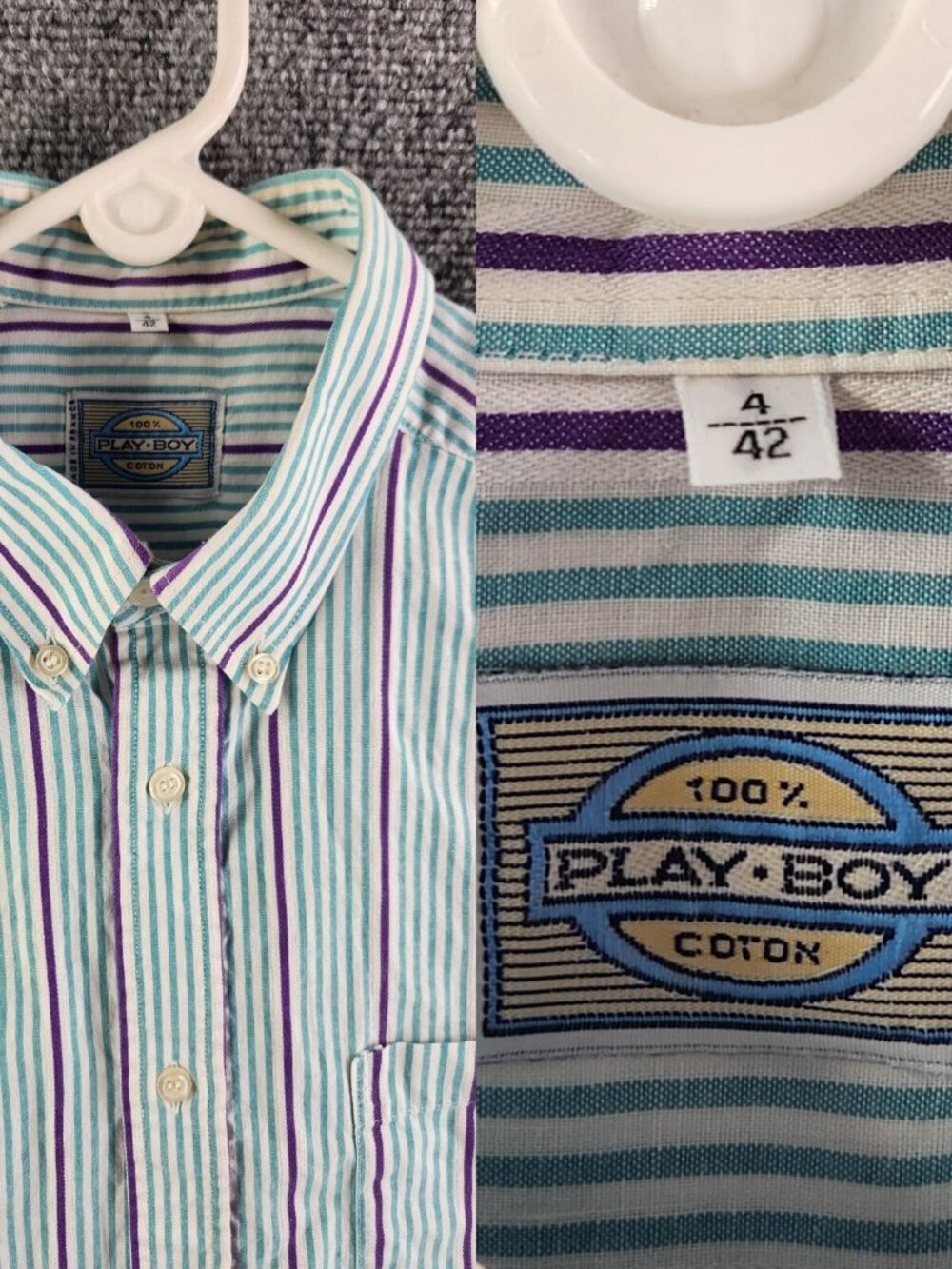 VTG Playboy Striped Purple Green Button Up Shirt Size 4 (42) France Made Men